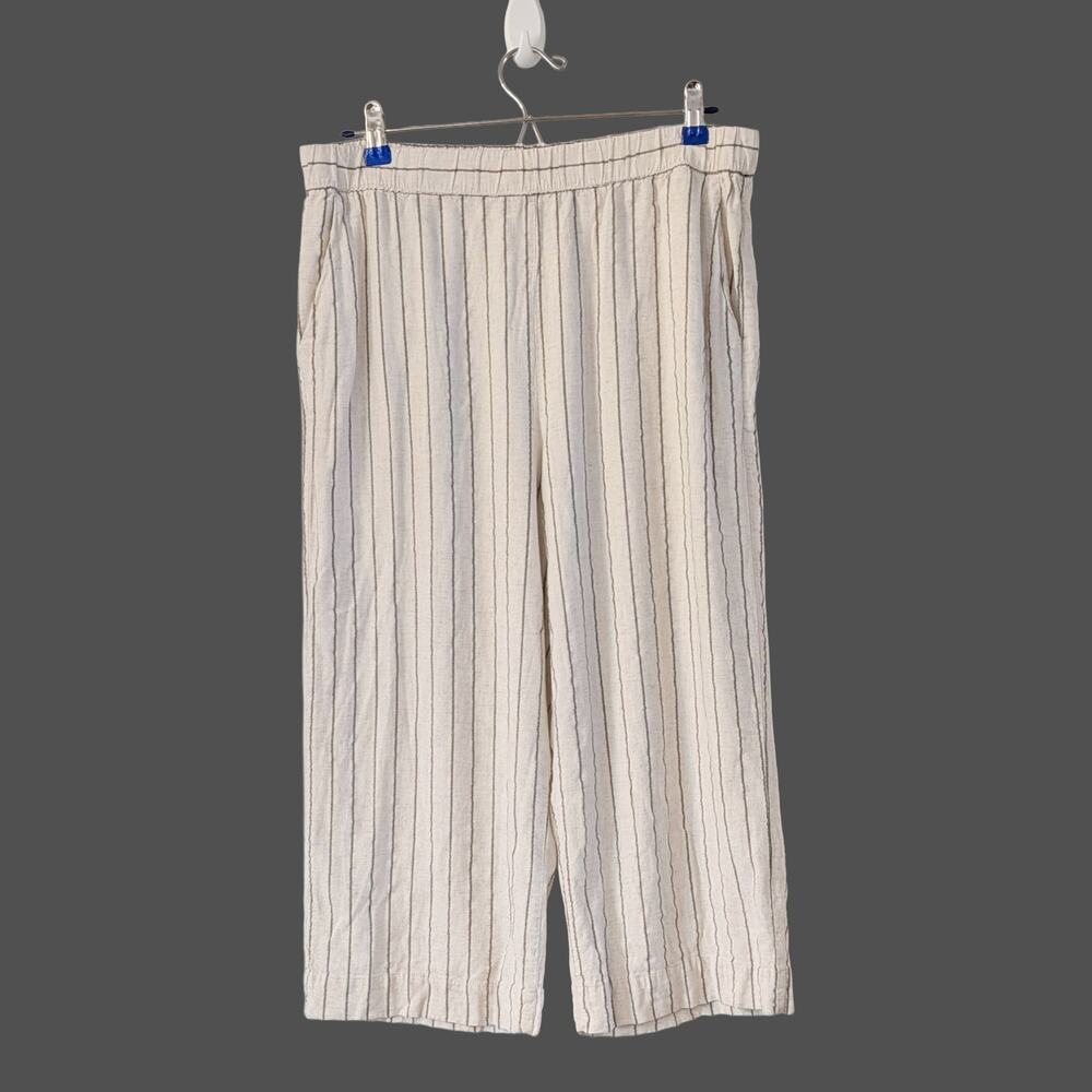 Oysho Linen Blend Wide Leg Pants XL Metallic Cream Gray Stripe Coastal Resort